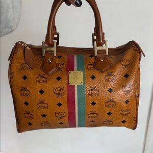 MCM Cognac Visetos Satchel with Red and Green Center Stripe
